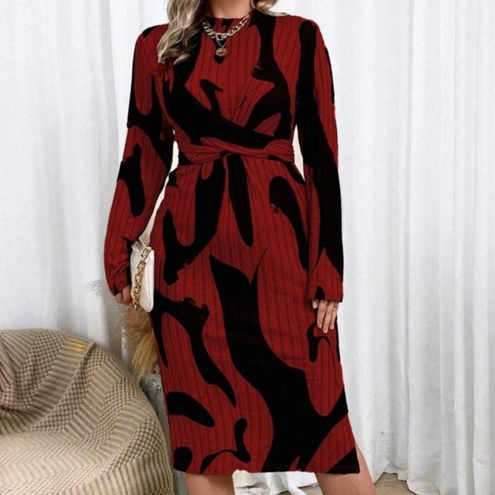 EUC - Gorgeous Red and Black Patterned Plus Size Knit Dress - 3X/18